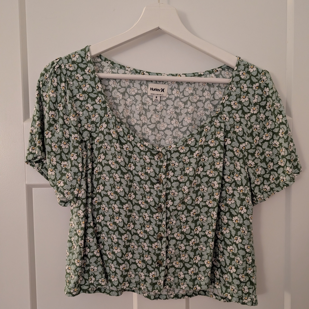 Hurley Sage Green Floral Button-Front Women's Blouse